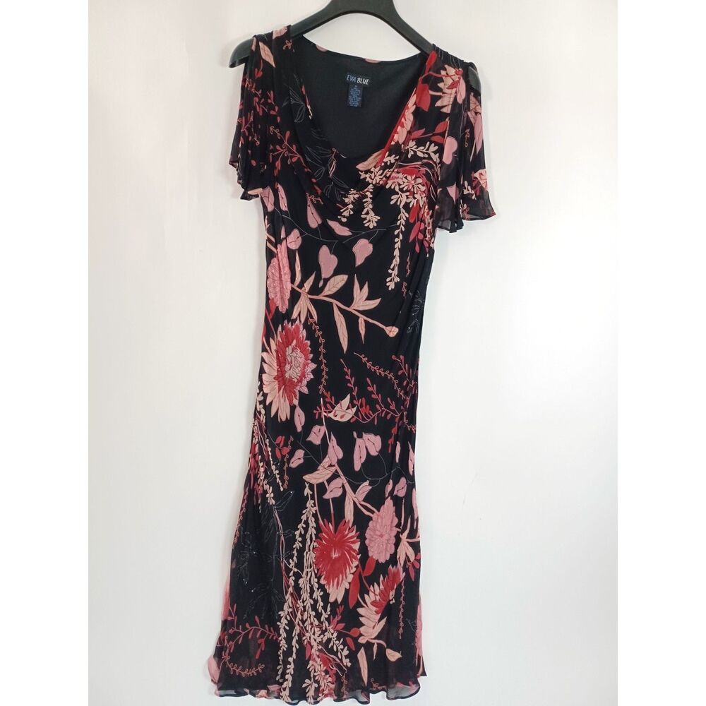 Eva Blue Y2K Beaded Black Floral Midi Dress Fairy Whimsygoth Vintage Y2K Size 12